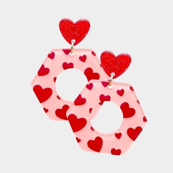 NEW Valentines Heart Pink Red Resin Earring - Picture 1 of 8
